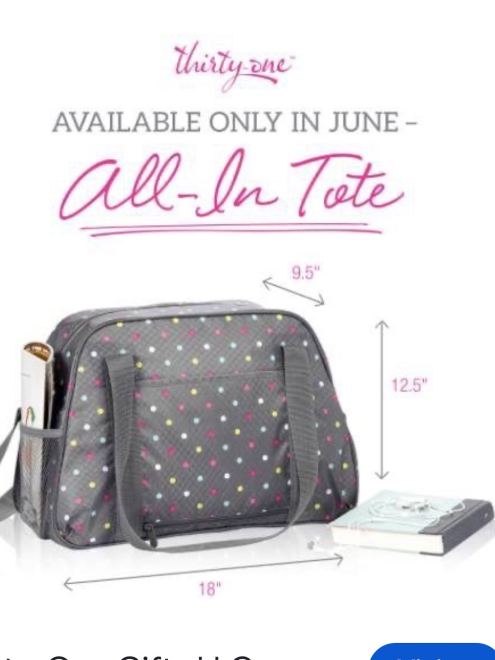 thirty-one Gray All-In Tote with Pink, Yellow and White Dots